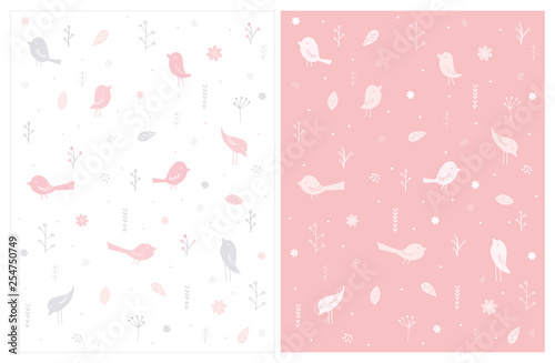 Cute Abstract Garden Vector Pattern. Lovely Hand Drawn Birds and Flowers on a White and Pink Background. Simple Infantile Floral Design. Nusery Art. Pink and Gray Birds in an Abstract Garden.