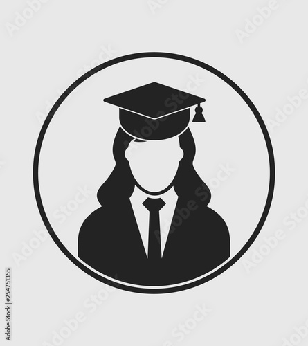 Female graduate student profile icon with gown and cap. Flat style vector EPS.