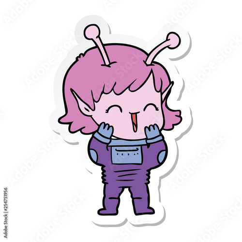 sticker of a cartoon alien girl giggling