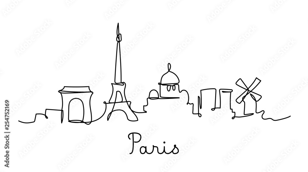 One line style Paris city skyline. Simple modern minimaistic style vector. - obrazy, fototapety, plakaty 