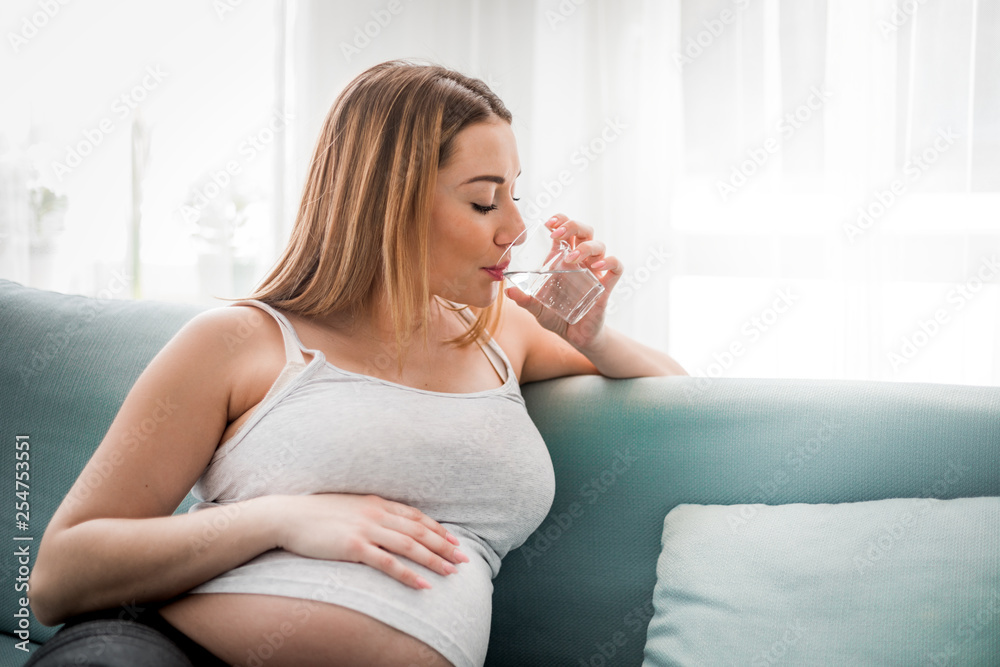 Health during pregnancy, Pregnant woman drinking water sitting on sofa Health during pregnancy, Pregnant woman drinking water sitting on sofa