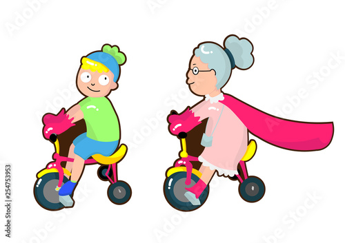 Super grandmother ride a bike with her grandson . Vector illustration of a flat design