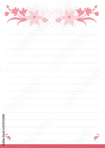 Vector printing paper note, optimal A4 size. Kawaii paper for notebook, diary, planners, letters, notes. Cute illustration with pink flowers. Abstract design, lined version
