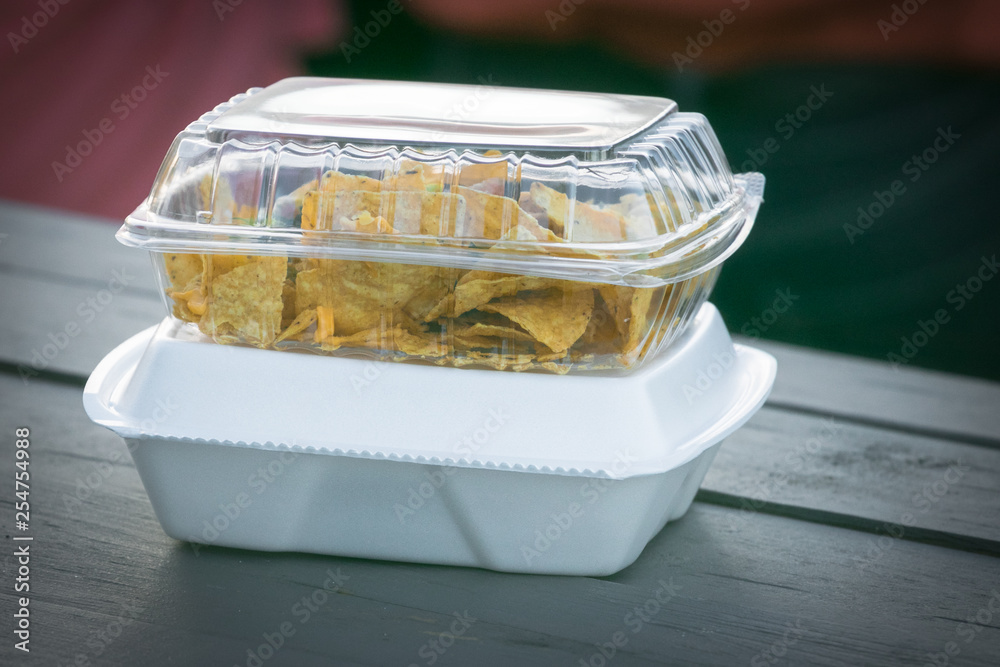 Single use plastic and Styrofoam food containers ready for take