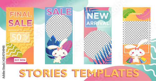 Trendy editable template for social Easter networks stories.  Instagram stories, Happy Eater Sales, Spring Sales. Colorful mockup for photo. You just need to add your photos