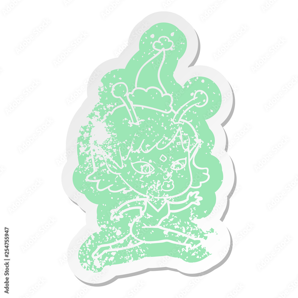 pretty cartoon distressed sticker of a alien girl running wearing santa hat