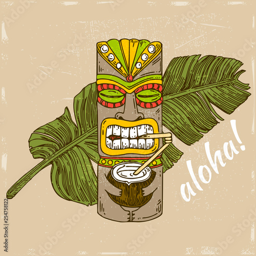 Wooden tiki idol drinking coconut cocktail. Color. Engraving style. Vector illustration.