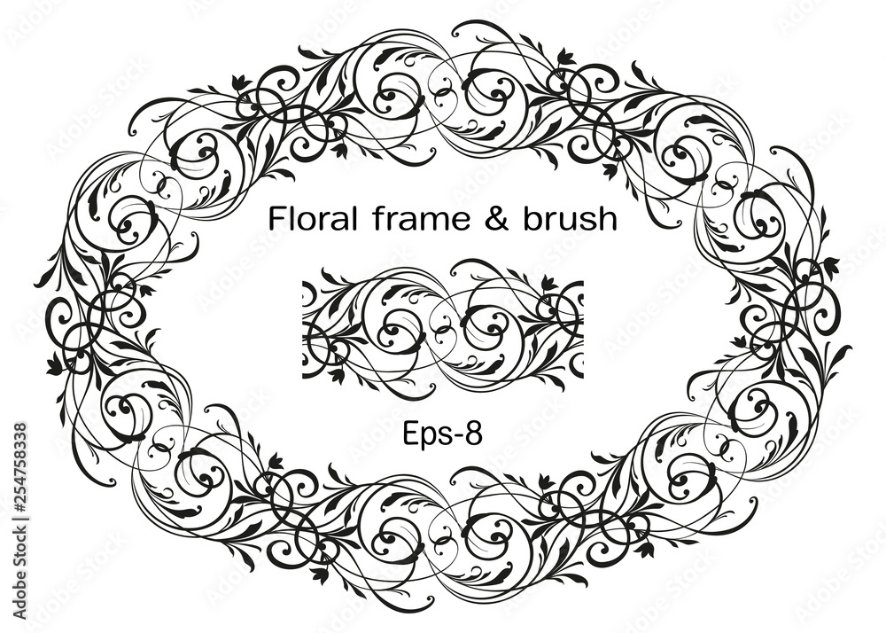 Floral ornate Wreath isolated on white background and brush. Horisontal oval Element. Vintage frame for Save the Date Card, Wedding invitation, Covers.