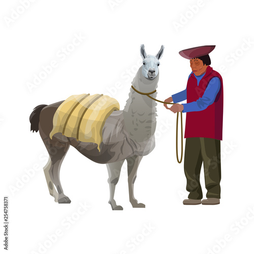 Laden lama with a farmer