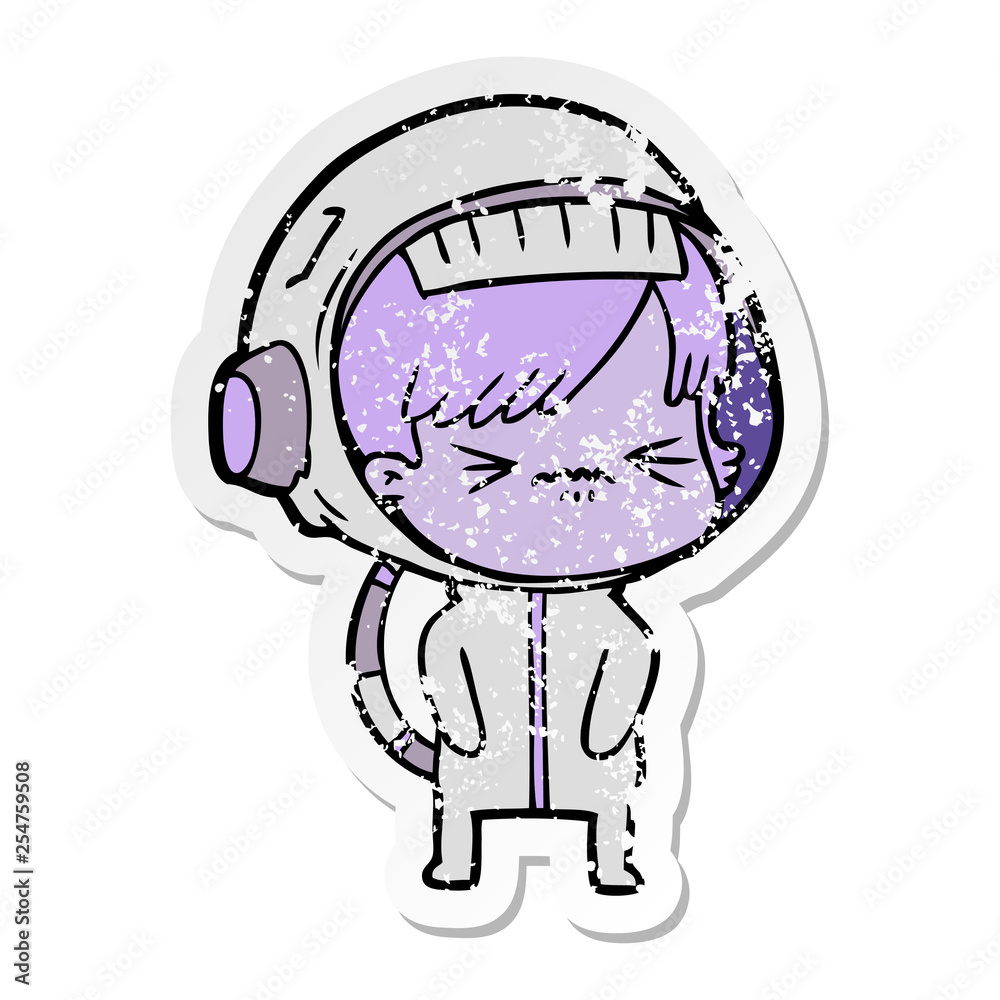 distressed sticker of a cartoon astronaut woman distressed sticker of a cartoon astronaut woman