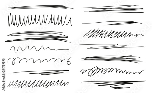 Hand drawn underlines on white. Abstract backgrounds with array of lines. Stroke chaotic patterns. Black and white illustration. Sketchy elements
