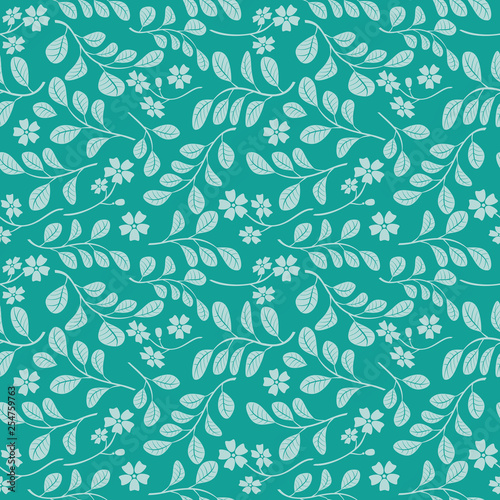 light green leaves with flowers on aquamarine background - seamless pattern