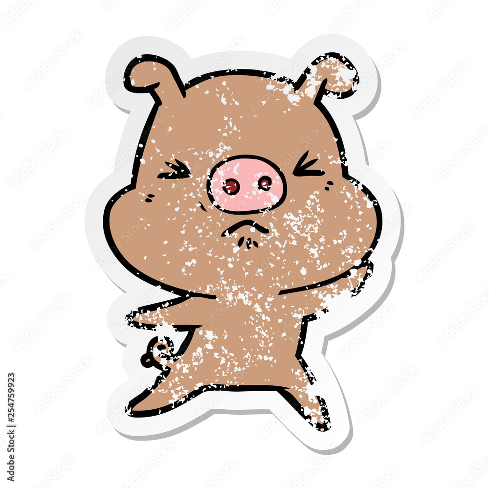 distressed sticker of a cartoon angry pig distressed sticker of a cartoon angry pig