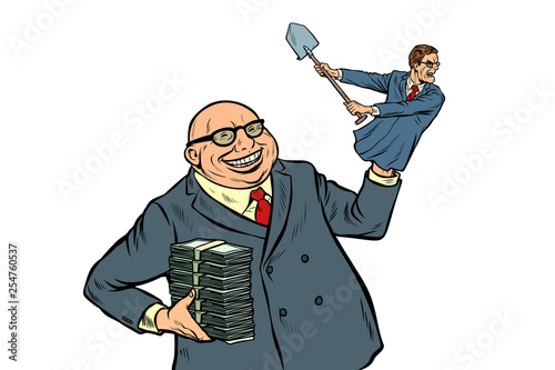 capitalist manipulates worker. isolate on white background
