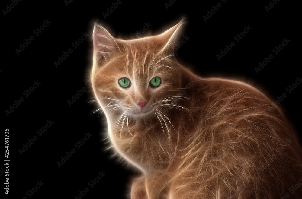 Fractal image of a ginger wild cat with bright green eyes