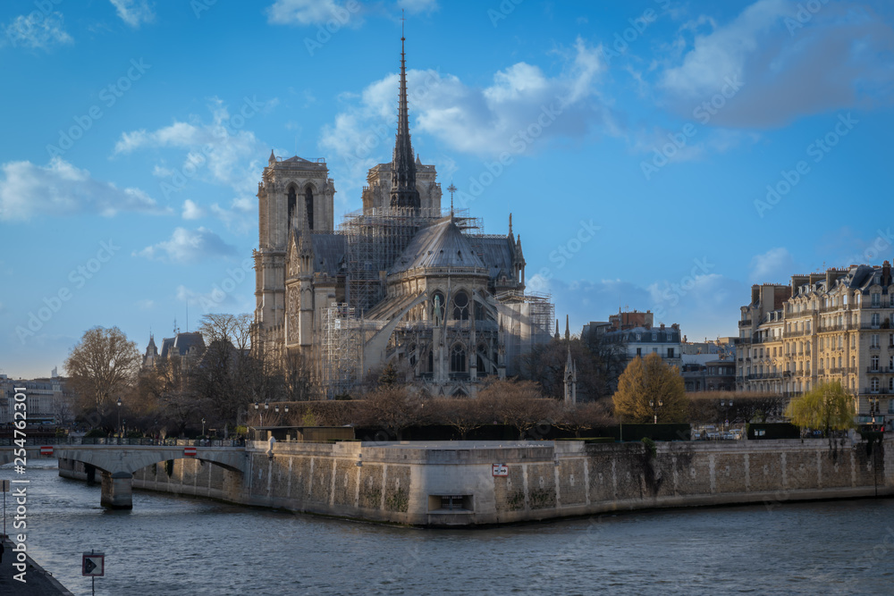 Paris, France - 03 10 2019: View of Notre-Dame Of Paris from Tournelle Bridge