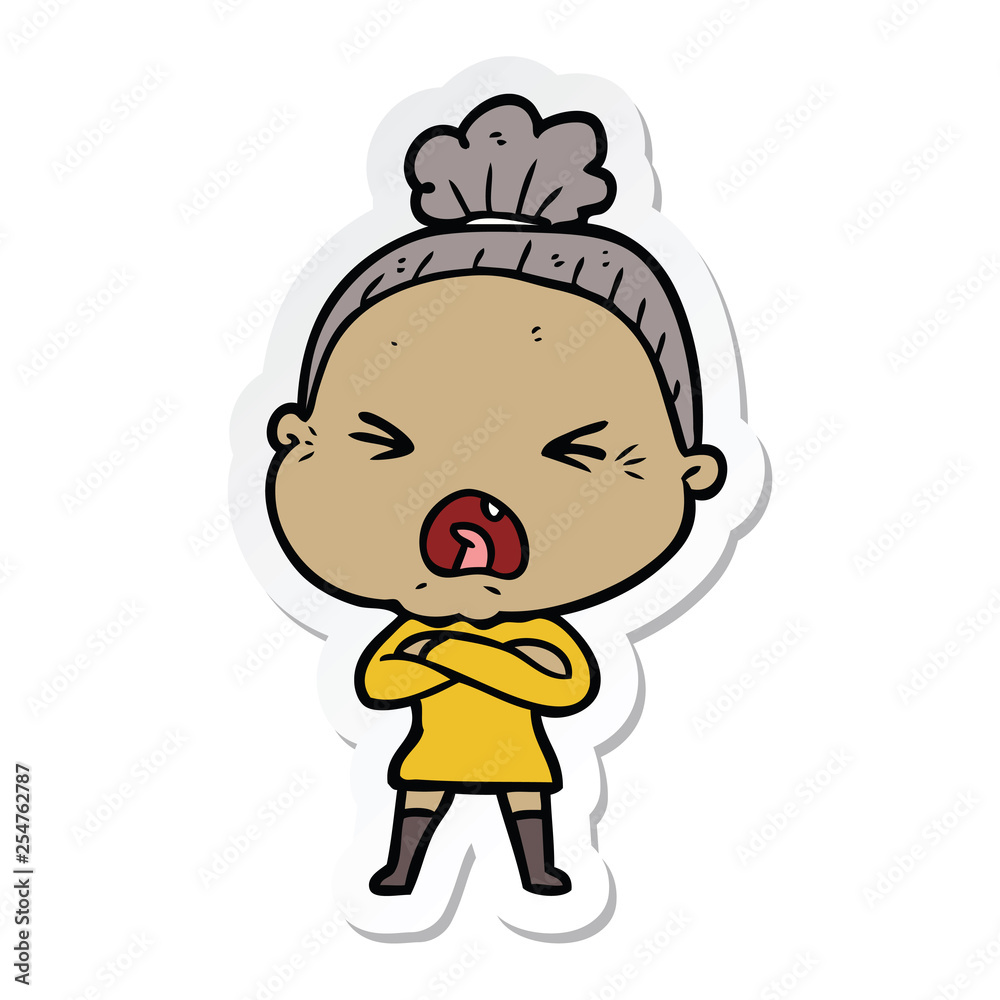 sticker of a cartoon angry old woman sticker of a cartoon angry old woman