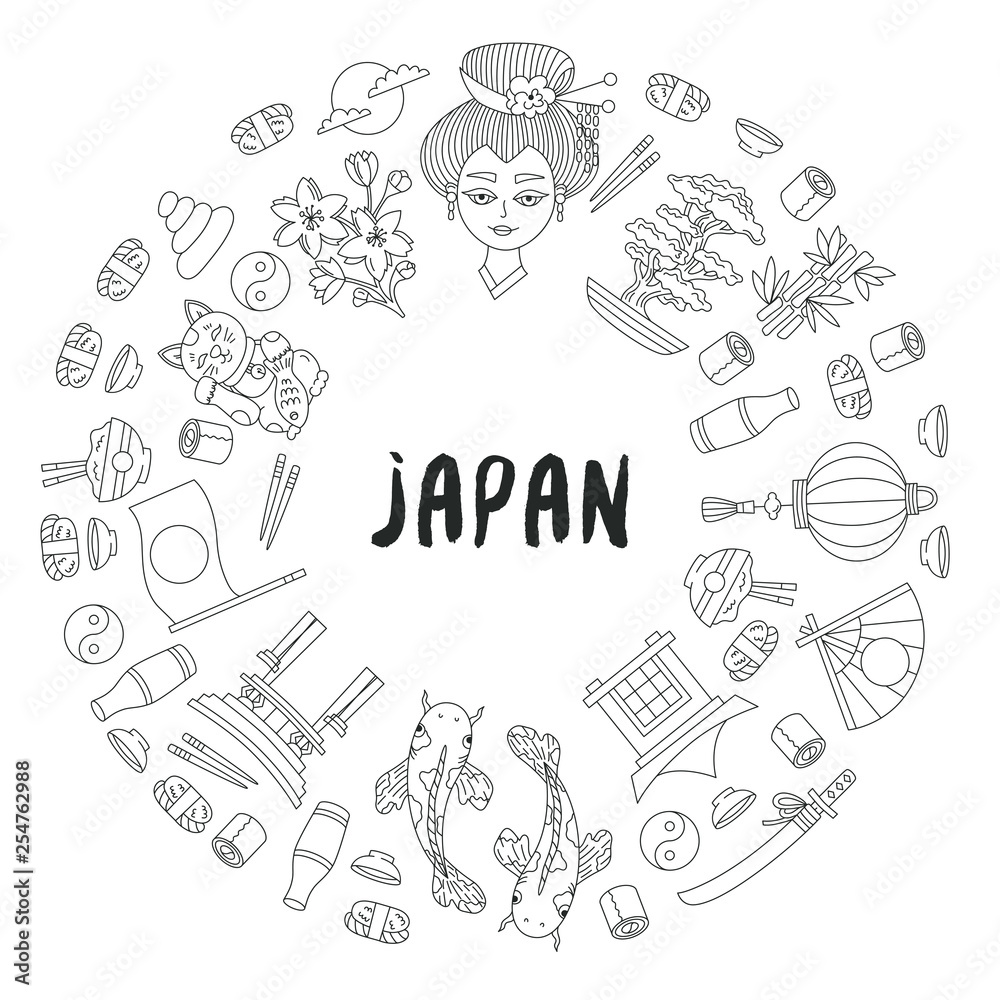 Japan doodle line icon decorative frame