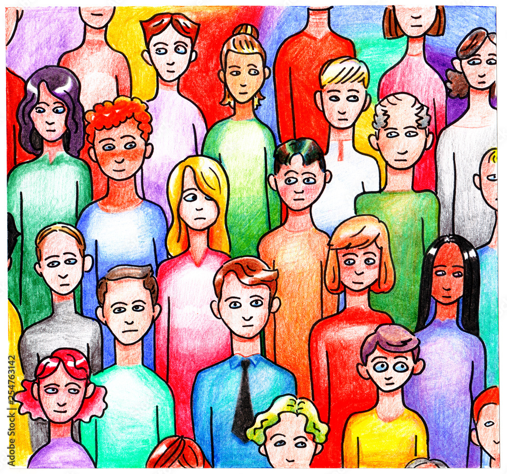Multicolored bright colorful drawing hand-drawn crowd of a crowd of various people men and women of different nationalities and ages background.