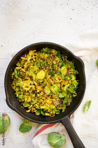 Skillet roasted shaved Brussels Sprouts, Overhead view