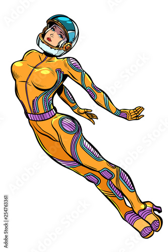 Sexy woman astronaut super hero, strong lady. Feminism female power