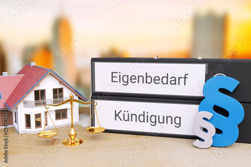 Mietrecht. Ordner beschriftet mit den Wörtern Eigenbedarf und Kündigung liegen neben einem Haus, einer Waage sowie Paragrafen-Zeichen auf einem Schreibtisch. Skyline einer Stadt