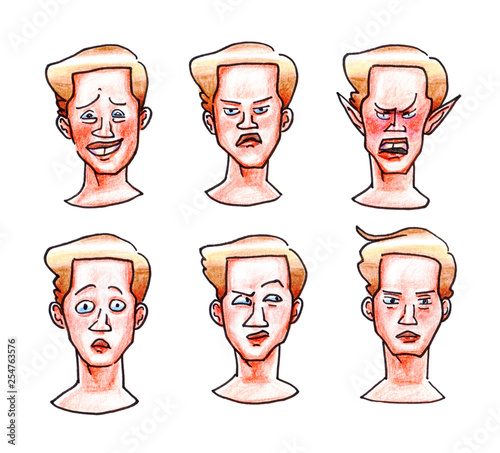 Bilde på lerret Color drawing by hand of emotions blond guy awkwardness anger surprise indifference isolated on white background faces