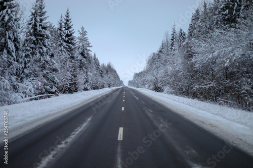 Winter road through forest