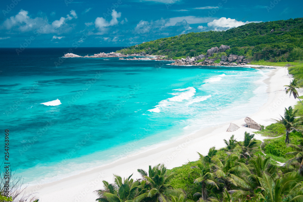 Amazing view at Grande Anse beach located on La Digue Island, Seychelles