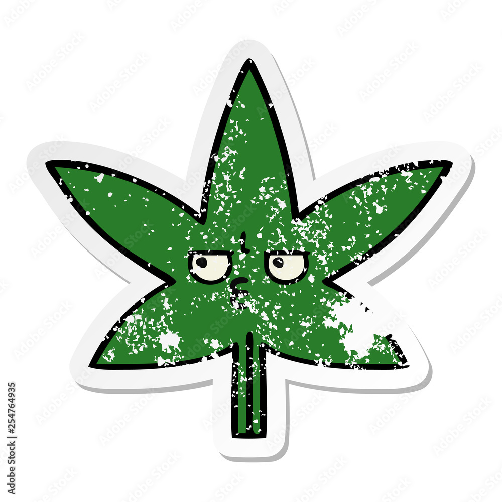 distressed sticker of a cute cartoon marijuana leaf distressed sticker of a cute cartoon marijuana leaf
