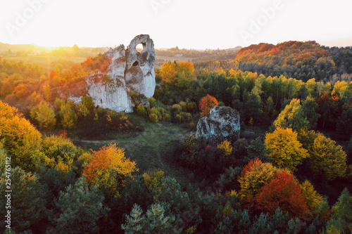Fototapeta Naklejka Na Ścianę i Meble -  A panoramic view of the unique Okiennik rock in Poland with a large natural window