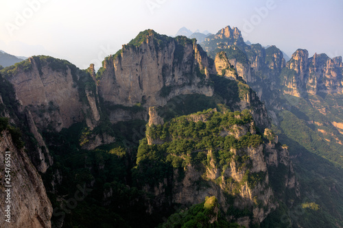 Lingchuan Wangmangling National Geopark, Chinese Mountains, Taihang Mountain Range. Shanxi Province, China. Jagged Cliffs, national forest scenic area, hiking and travel destination.