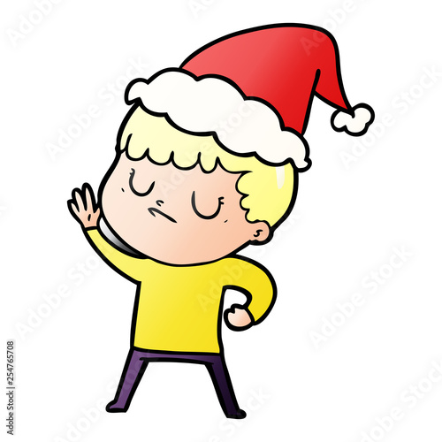gradient cartoon of a grumpy boy wearing santa hat
