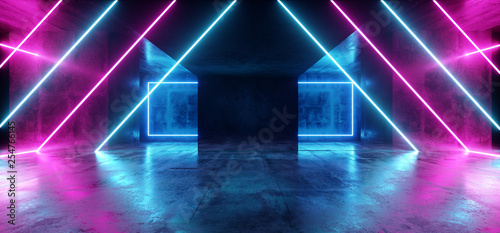 Fototapeta Naklejka Na Ścianę i Meble -  Background Triangle Neon Blue Purple Sci Fi Futuristic Fluorescent Alien Spaceship Dark Empty Grunge Concrete Corridor Tunnel Hall Room Glowing Lights Laser Show 3D Rendering