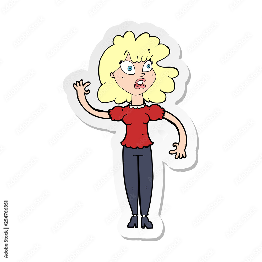 sticker of a cartoon worried woman waving sticker of a cartoon worried woman waving