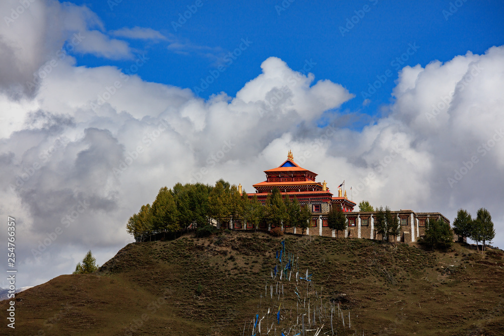 Buddhist Temple On The Top Of A Hill Tibetan Village Of Bamei Situated 