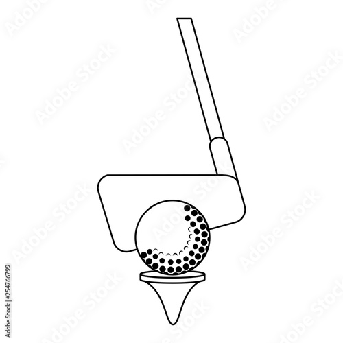 Glof club and ball in holder cartoon in black and white