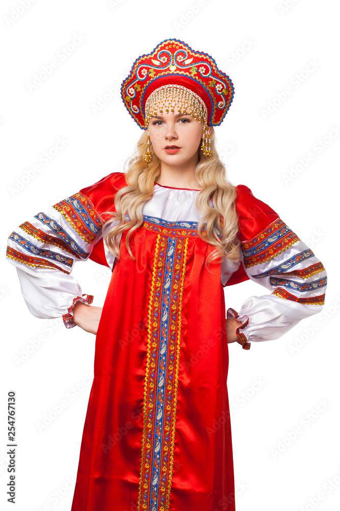 Traditional Russian folk costume, portrait of a young beautiful girl