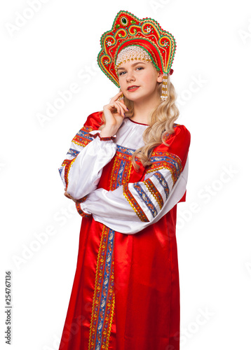 Traditional Russian folk costume, portrait of a young beautiful girl