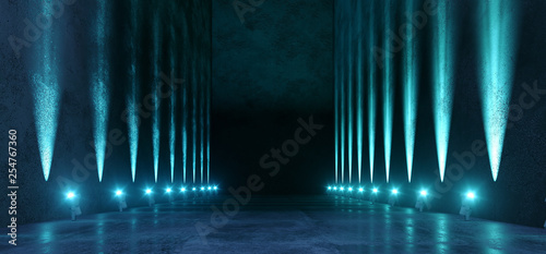 Sci Fi Futuristic Neon Background Big Huge Dark Empty Grunge Concrete Long Hall Gallery Room Tunnel Corridor Spotlights Blue Vibrant Glowing 3D Rendering