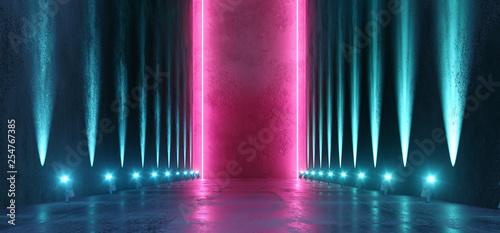 Sci Fi Futuristic Neon Background Big Huge Dark Empty Grunge Concrete Long Hall Gallery Room Tunnel Corridor Spotlights Blue Ultraviolet Pink Purple Vibrant Glowing 3D Rendering