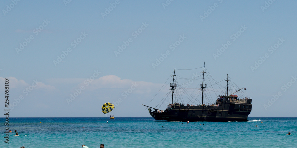 Pirate ship sailing near beach in Protaras, Cyprus on June 16, 2018. Pirate ship sailing near beach in Protaras, Cyprus on June 16, 2018.