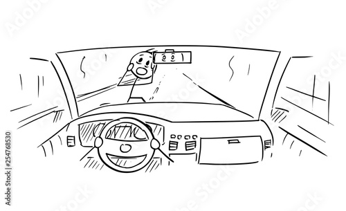 Cartoon stick figure drawing conceptual illustration of car dashboard and driver's hands on steering wheel while pedestrian is almost run down in accident.