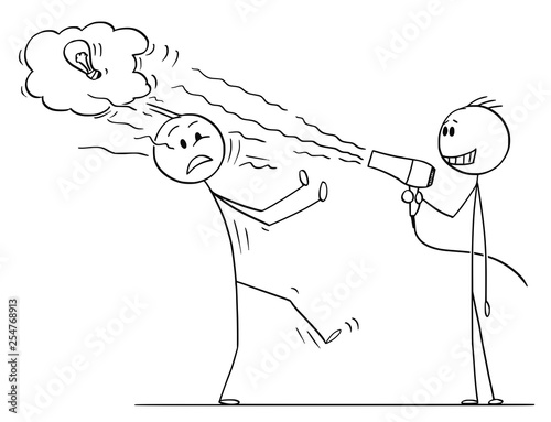 Cartoon stick figure drawing conceptual illustration of businessman using hairdryer to blow off innovative idea of his business competitor.