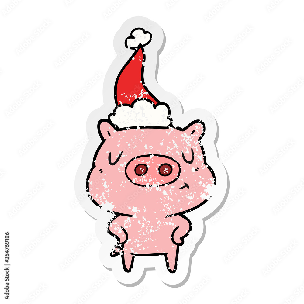 Obraz premium distressed sticker cartoon of a content pig wearing santa hat