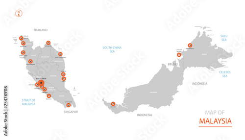 Stylized vector Malaysia map showing big cities, capital Kuala Lumpur, administrative divisions.