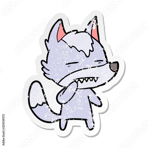 distressed sticker of a unsure wolf showing teeth