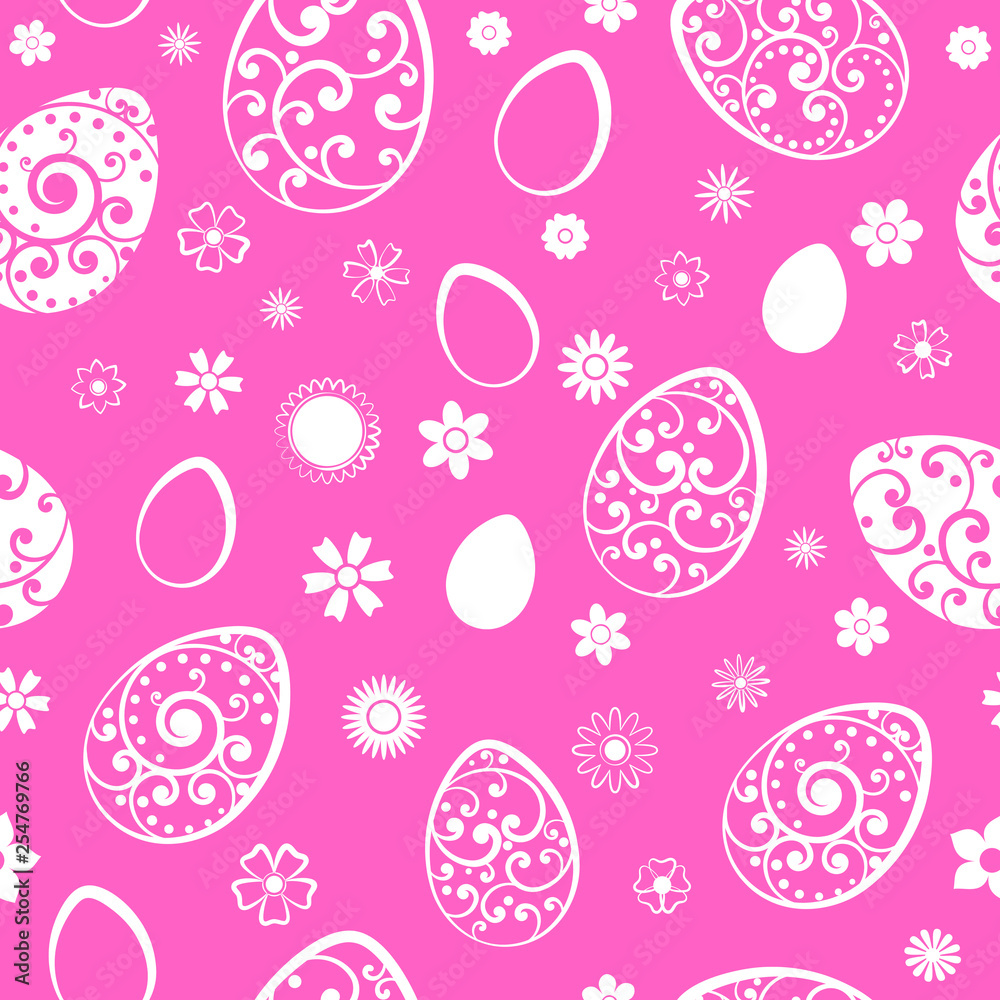 Seamless pattern of Easter eggs and flowers, white on pink