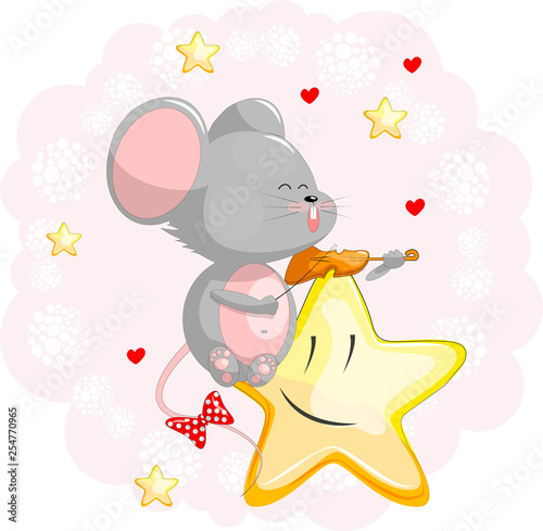 Cute Cartoon Mouse is sitting on the moon. Cheese moon. Good night.