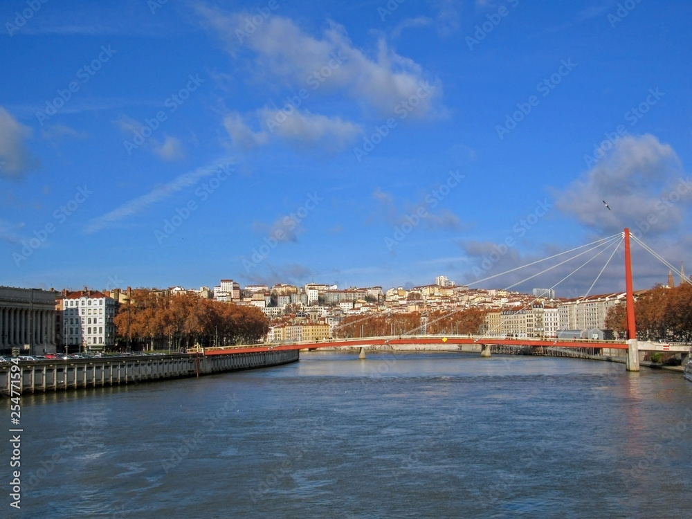 Naklejka premium Bridge Gateway Courthouse Palais de Justice and its single pylon and cables in Lyon, France, Europe